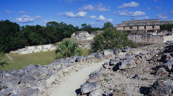 Courtyard and Palaces at Kabah - kabah mayan ruins,kabah mayan temple,mayan temple pictures,mayan ruins photos